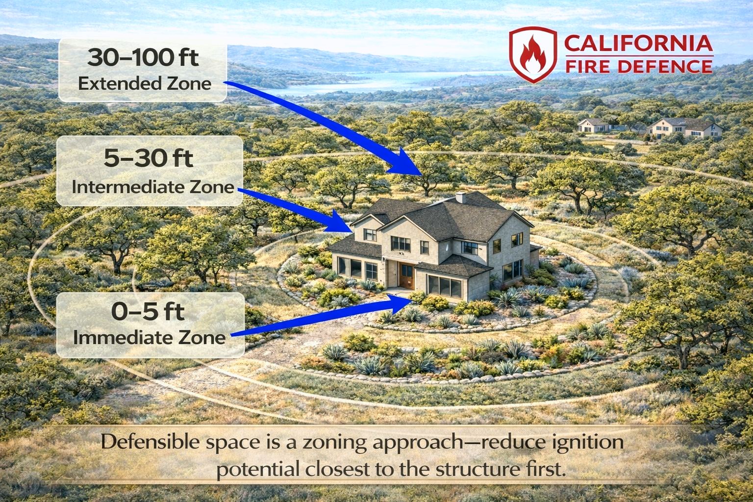 Defensible space zones diagram (0–5 ft, 5–30 ft, 30–100 ft)